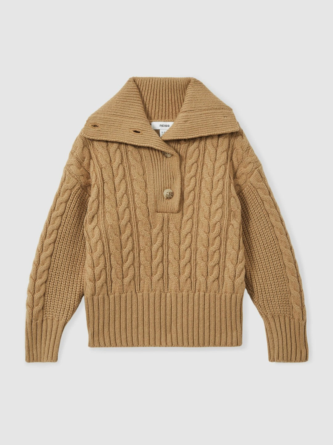 Reiss 9-13 yrs Cotton-Blend Open-Collar Cable-Knit Jumper With Wool in Camel