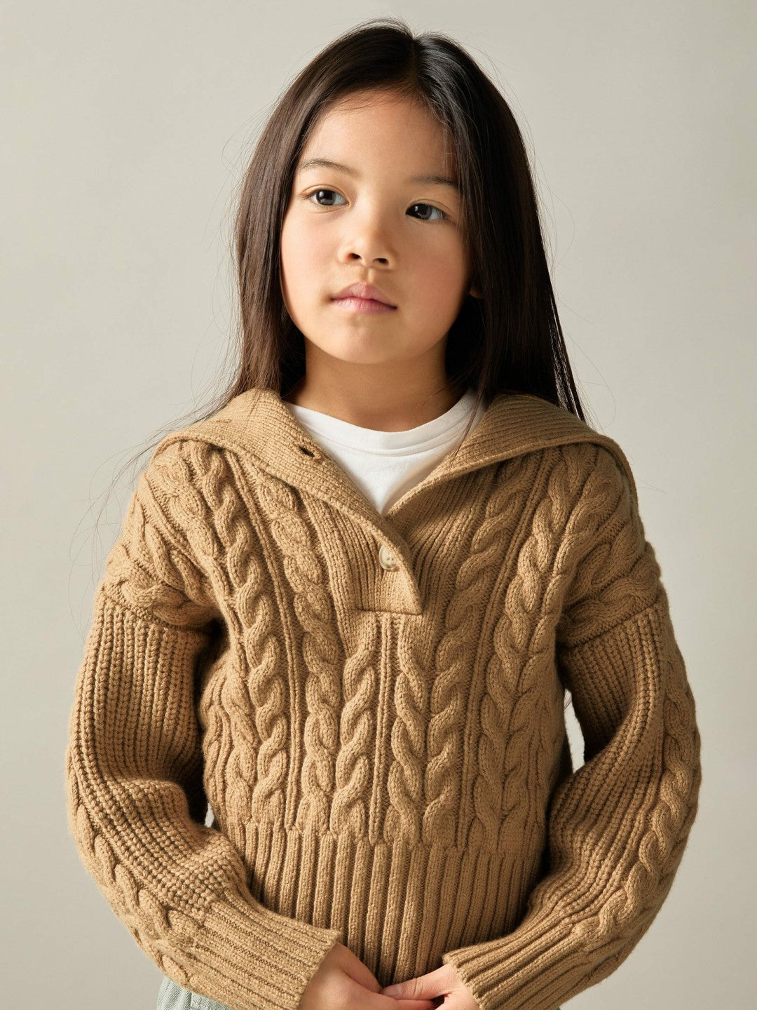 Reiss 9-13 yrs Cotton-Blend Open-Collar Cable-Knit Jumper With Wool in Camel