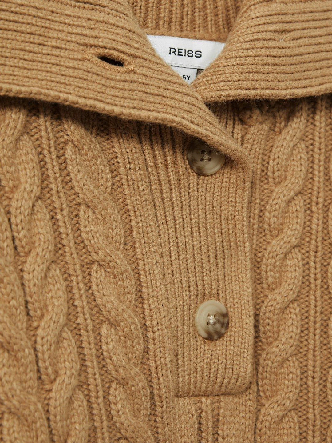 Reiss 9-13 yrs Cotton-Blend Open-Collar Cable-Knit Jumper With Wool in Camel