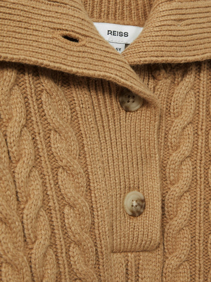 Reiss 9-13 yrs Cotton-Blend Open-Collar Cable-Knit Jumper With Wool in Camel
