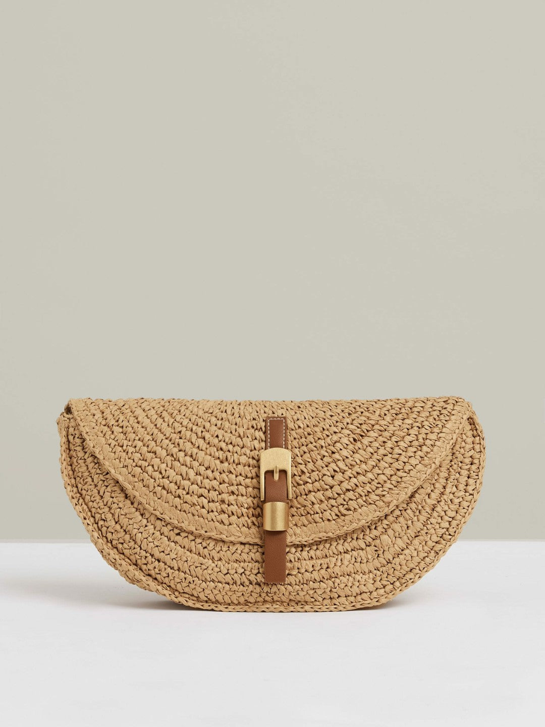 Reiss Raffia Half-Moon Clutch Bag in Natural