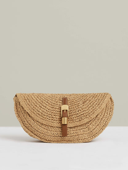 Reiss Raffia Half-Moon Clutch Bag in Natural