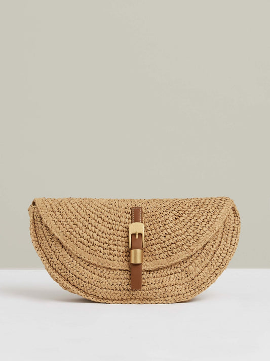 Reiss Raffia Half-Moon Clutch Bag in Natural