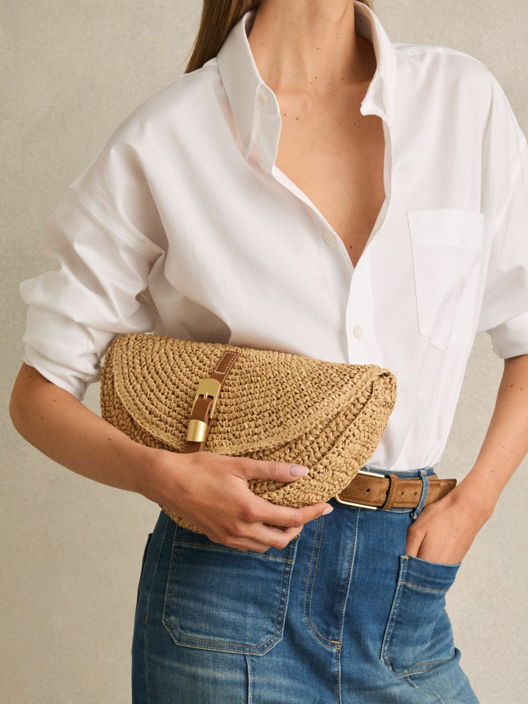 Reiss Raffia Half-Moon Clutch Bag in Natural