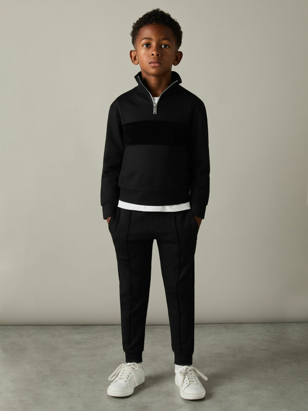 Reiss 9-13 yrs Slim Fit Half-Zip Funnel Neck Velour Sweatshirt in Black