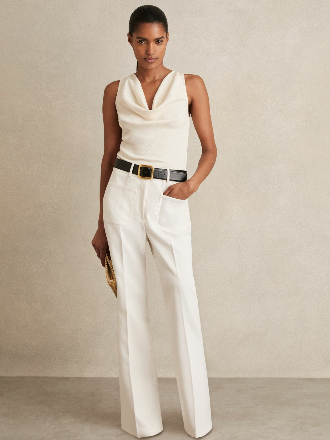 Reiss Petite Twill Patch-Pocket Flared Trousers in Cream