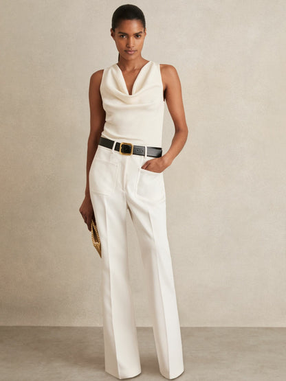 Reiss Petite Twill Patch-Pocket Flared Trousers in Cream