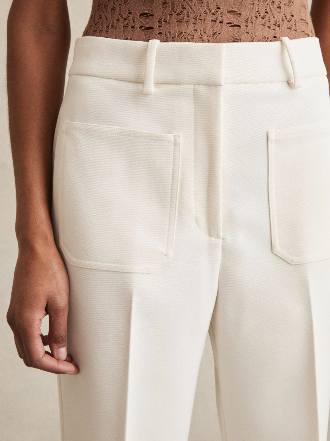 Reiss Petite Twill Patch-Pocket Flared Trousers in Cream
