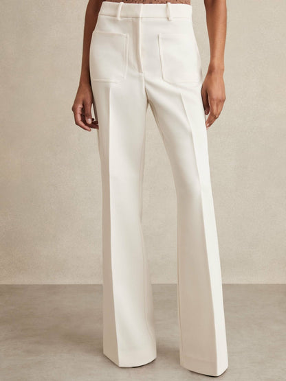 Reiss Petite Twill Patch-Pocket Flared Trousers in Cream