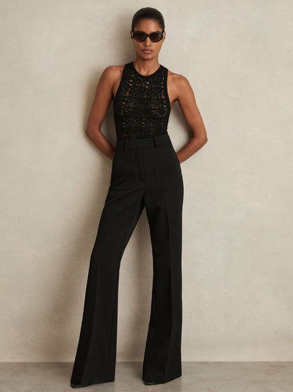 Reiss Twill Patch-Pocket Flared Trousers in Black