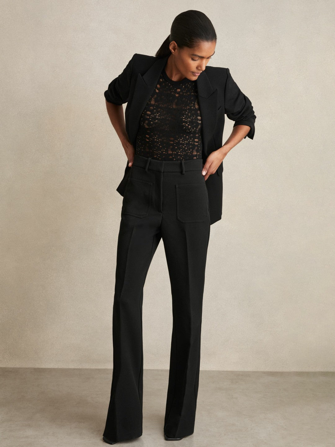 Reiss Petite Twill Patch-Pocket Flared Trousers in Black