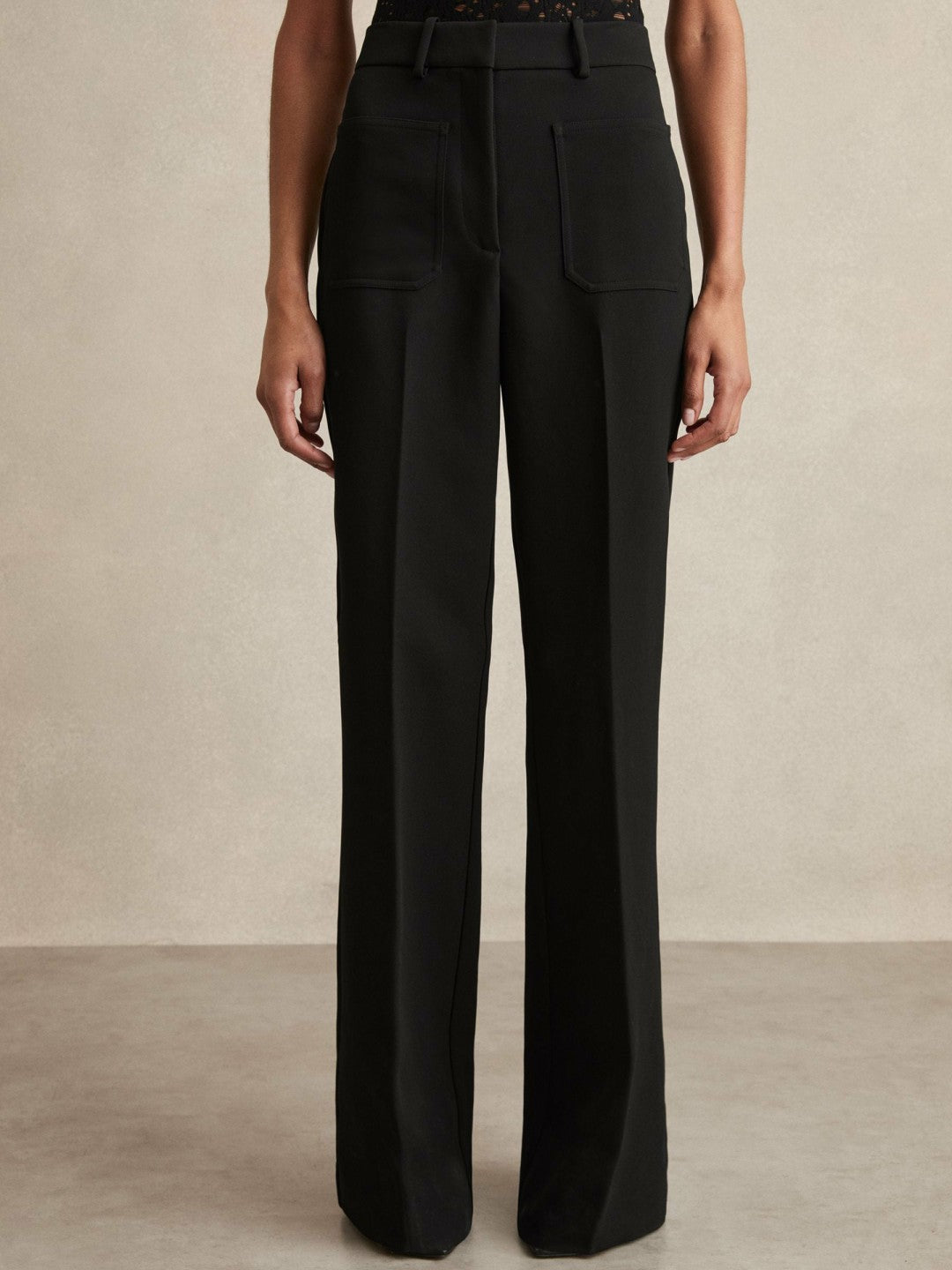 Reiss Petite Twill Patch-Pocket Flared Trousers in Black