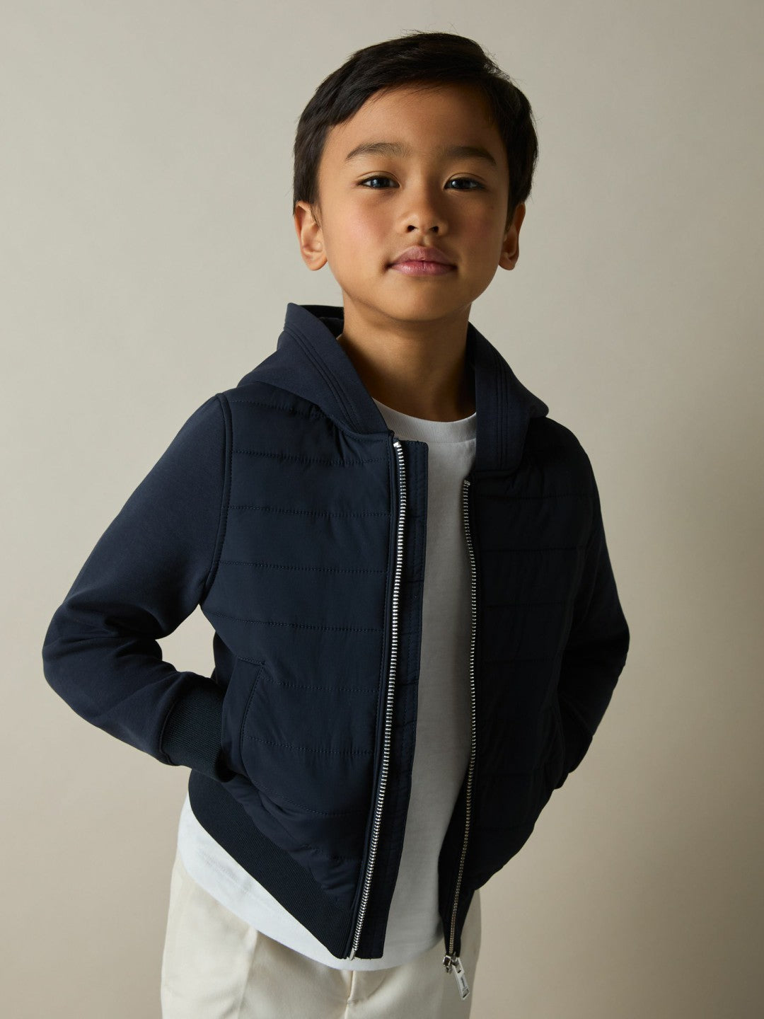 Reiss 9-13 yrs Interlock Hybrid Hooded Puffer Jacket in Navy