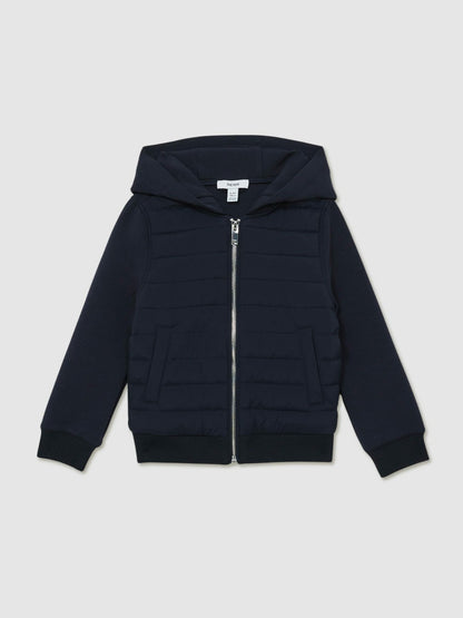 Reiss 9-13 yrs Interlock Hybrid Hooded Puffer Jacket in Navy
