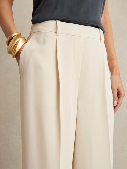 Reiss Elasticated-Waist Wide-Leg Twill Trousers in Cream