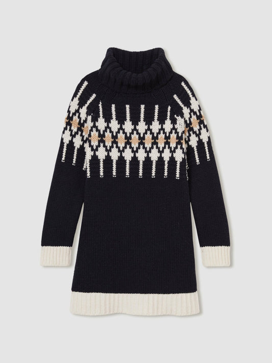 Reiss 13-14 yrs Wool-Blend Fair Isle Roll-Neck Dress in Navy
