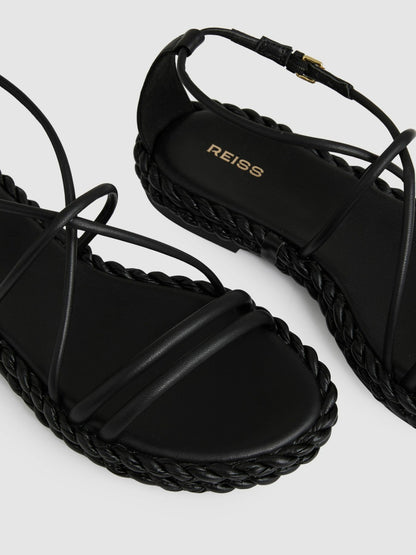 Reiss Leather Braided Flat Sandals in Black