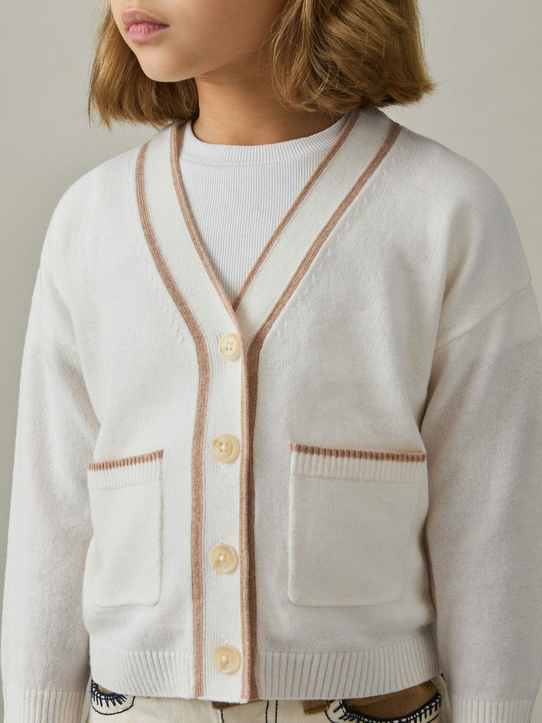 Reiss 13-14 yrs Wool-Blend Tipped Cardigan in Cream