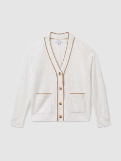 Reiss 9-13 yrs Wool-Blend Tipped Cardigan in Cream