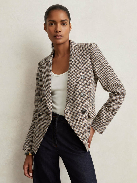 Reiss Cotton-Linen Double-Breasted Houndstooth-Check Blazer in Navy Neutral Check
