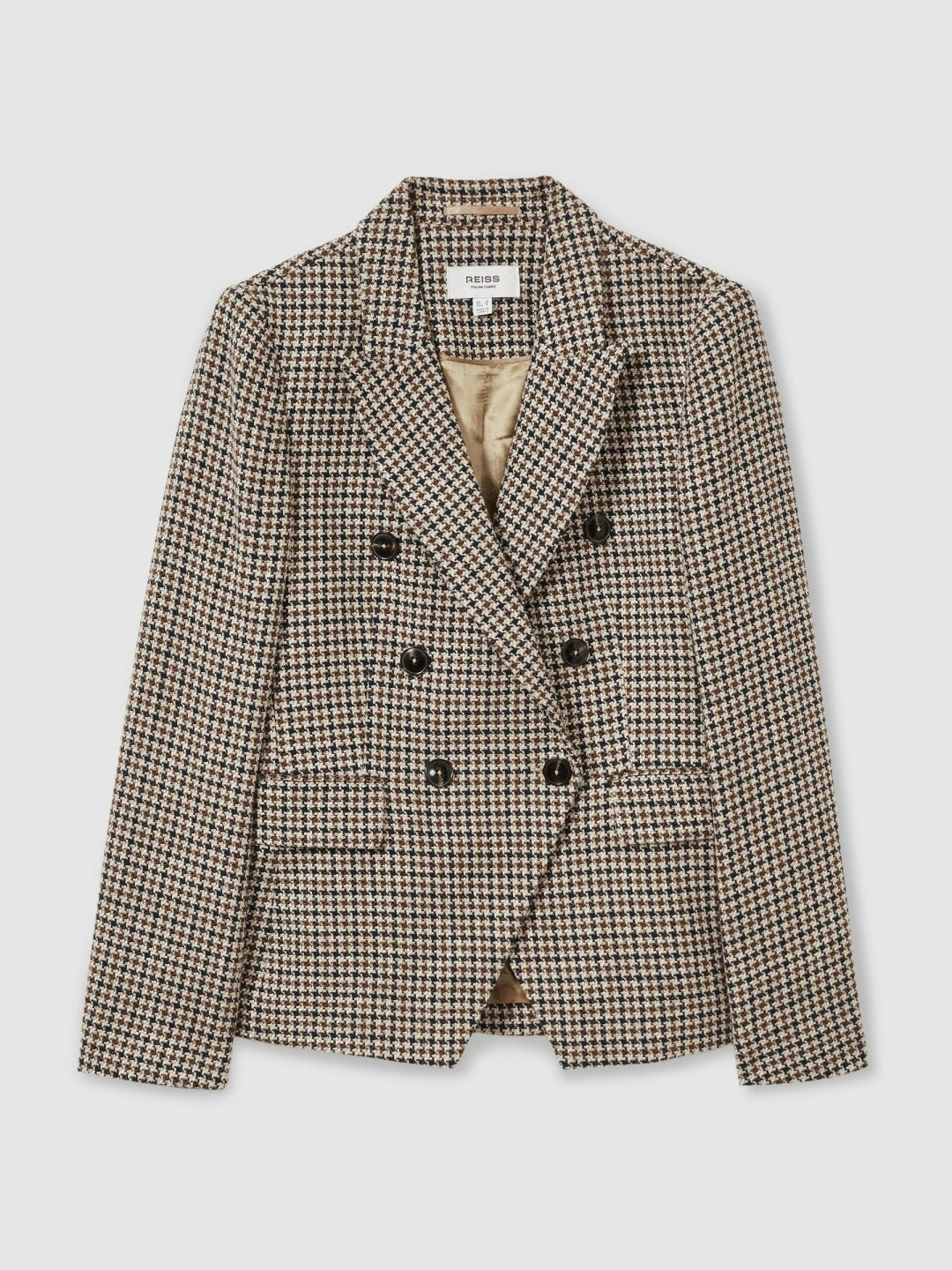 Reiss Cotton-Linen Double-Breasted Houndstooth-Check Blazer in Navy Neutral Check