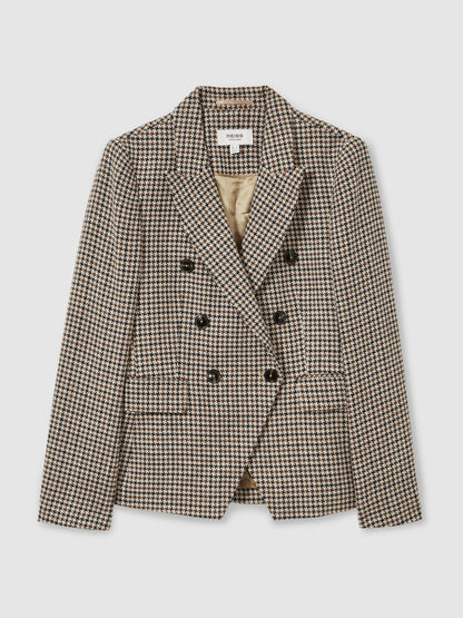 Reiss Cotton-Linen Double-Breasted Houndstooth-Check Blazer in Navy Neutral Check