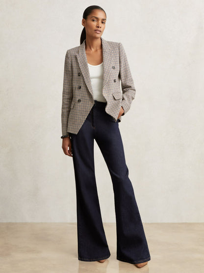 Reiss Cotton-Linen Double-Breasted Houndstooth-Check Blazer in Navy Neutral Check