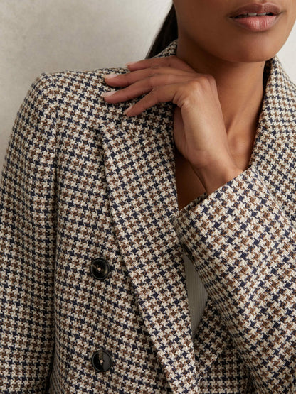 Reiss Cotton-Linen Double-Breasted Houndstooth-Check Blazer in Navy Neutral Check