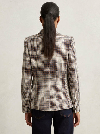 Reiss Cotton-Linen Double-Breasted Houndstooth-Check Blazer in Navy Neutral Check