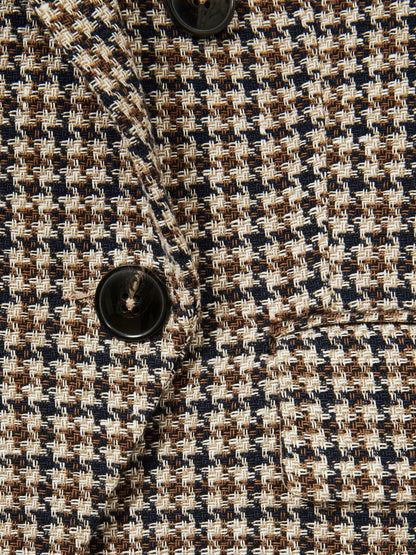 Reiss Cotton-Linen Double-Breasted Houndstooth-Check Blazer in Navy Neutral Check