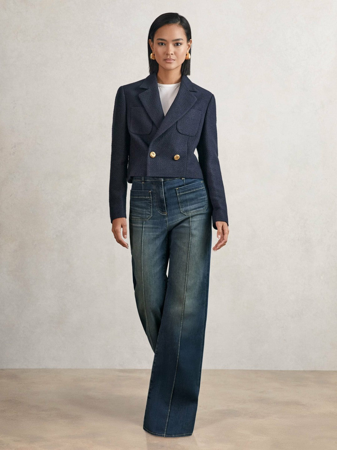 Reiss Petite Patch-Pocket Flared Jeans in Mid Blue