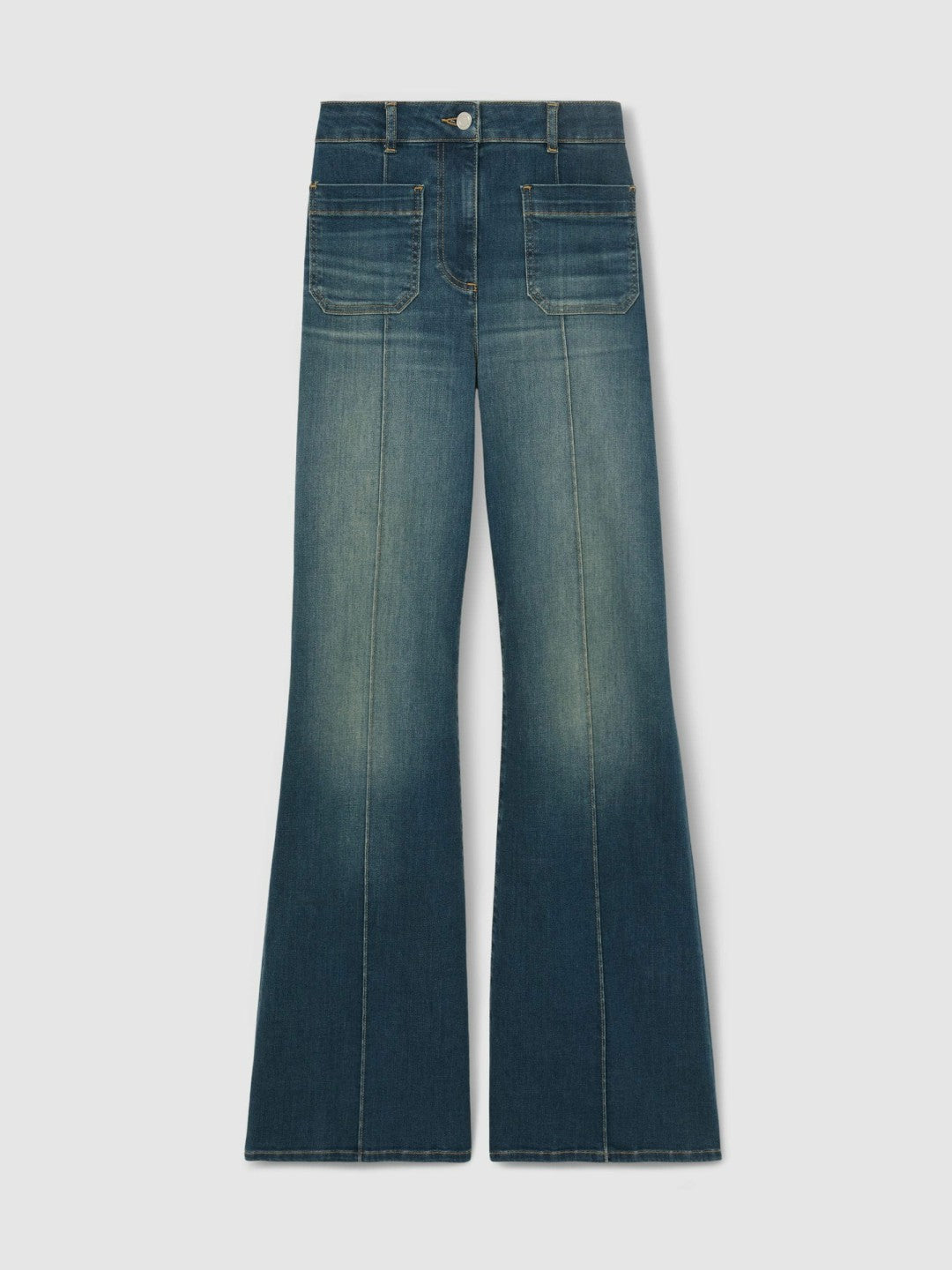 Reiss Petite Patch-Pocket Flared Jeans in Mid Blue
