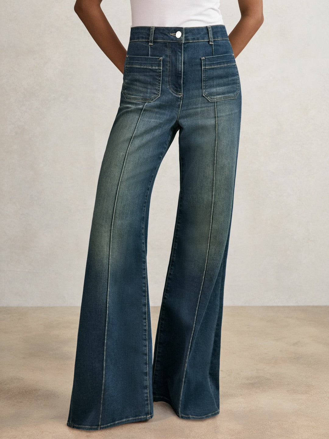 Reiss Petite Patch-Pocket Flared Jeans in Mid Blue