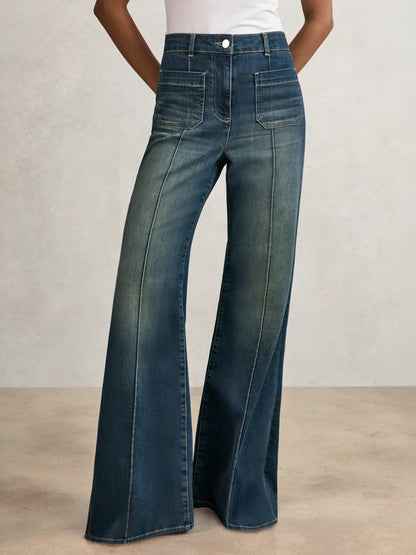 Reiss Petite Patch-Pocket Flared Jeans in Mid Blue