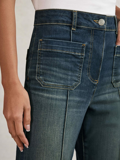 Reiss Petite Patch-Pocket Flared Jeans in Mid Blue