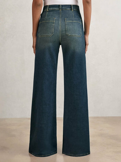 Reiss Petite Patch-Pocket Flared Jeans in Mid Blue