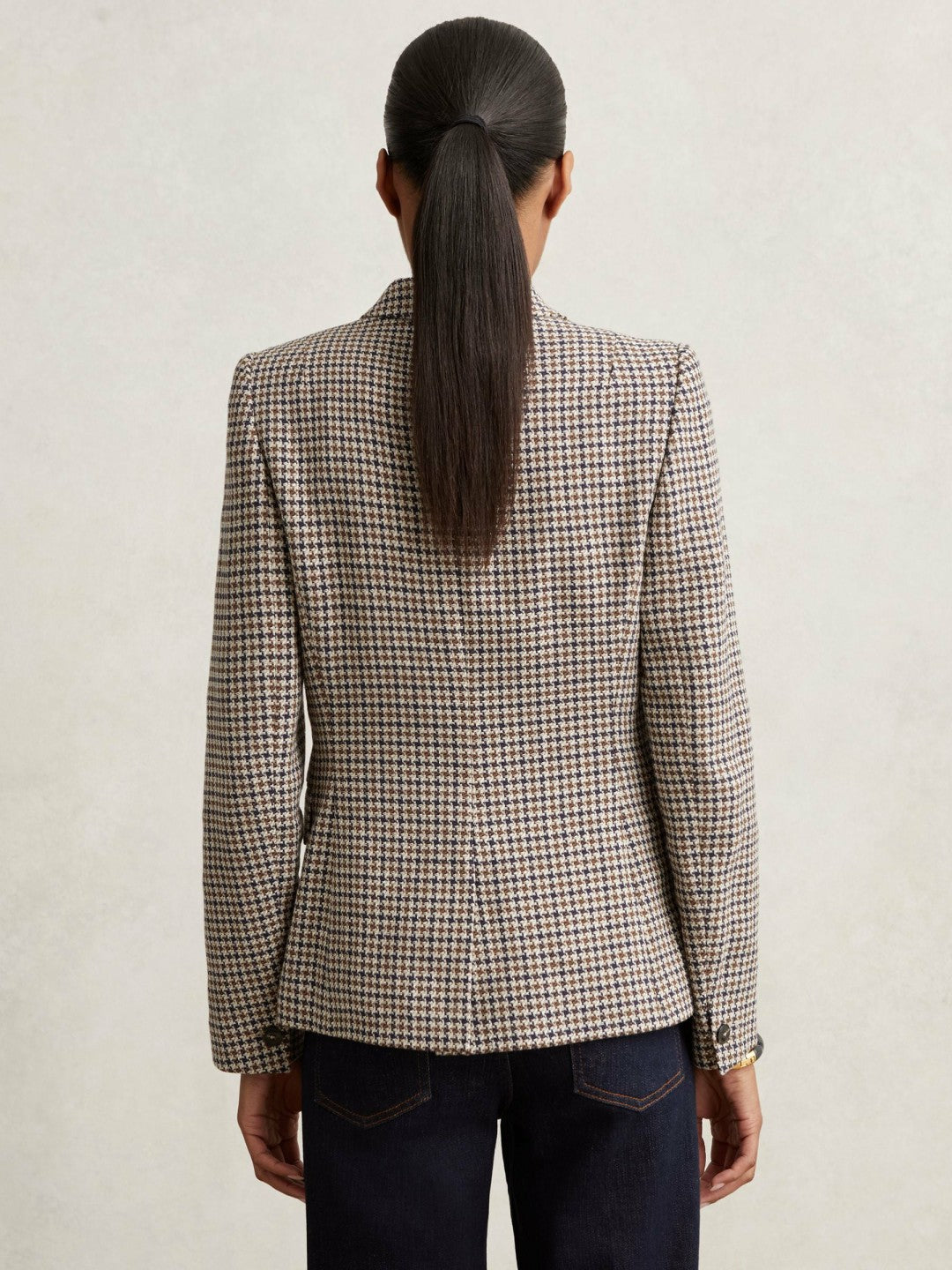 Reiss Petite Cotton-Linen Double-Breasted Houndstooth-Check Blazer in Navy Neutral Check