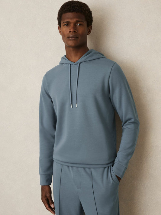 Reiss Interlock Jersey Drawstring Hoodie in Airforce Blue