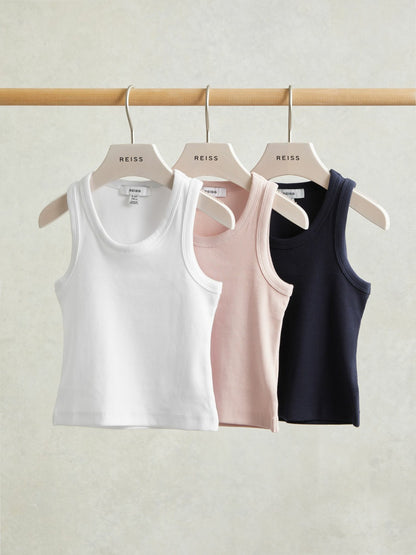 Reiss 9-13 yrs Stretch-Cotton Ribbed Vest 3 Pack in Multicolour