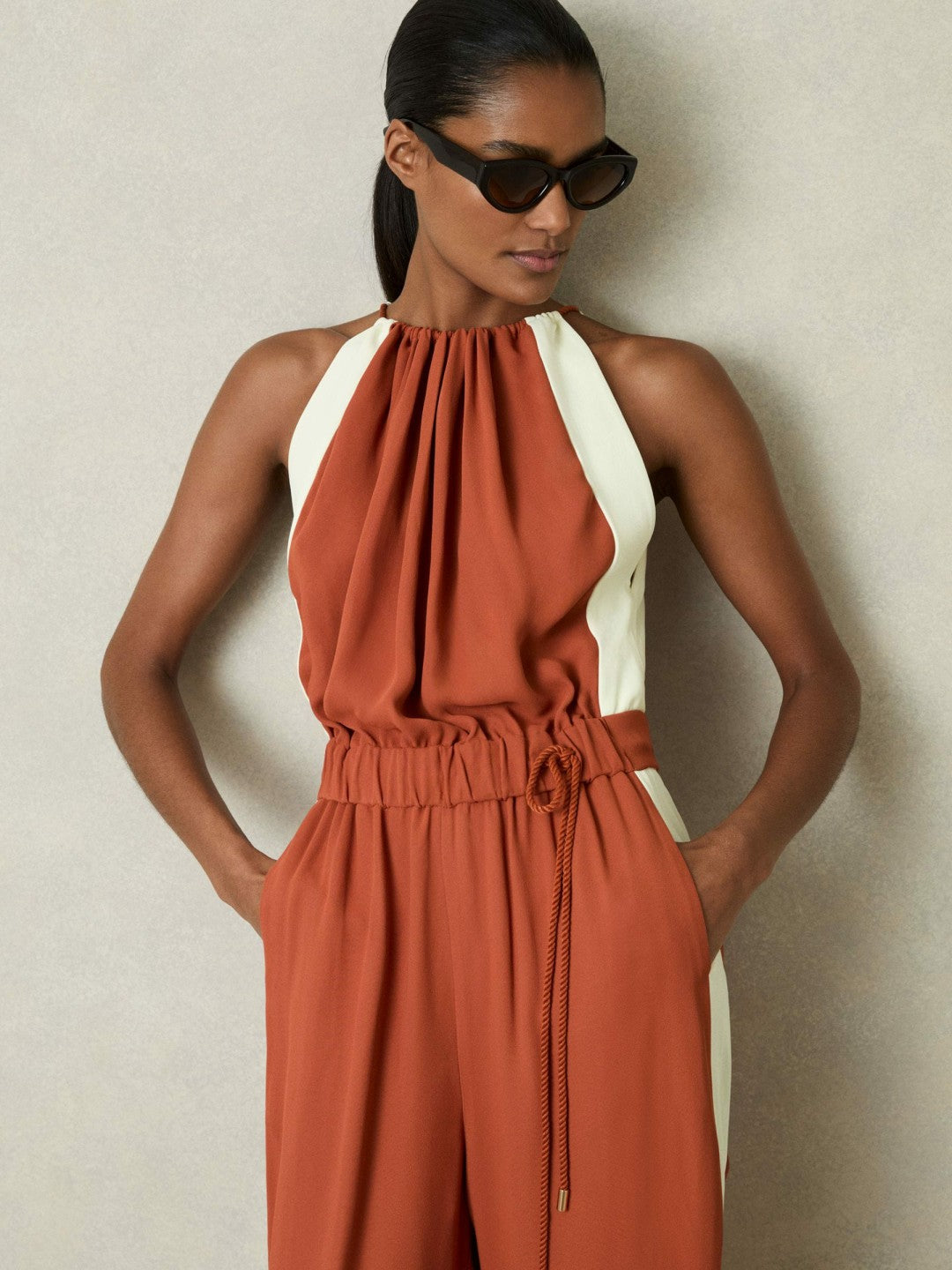 Reiss Colour-Block Rope-Cord Jumpsuit in Orange