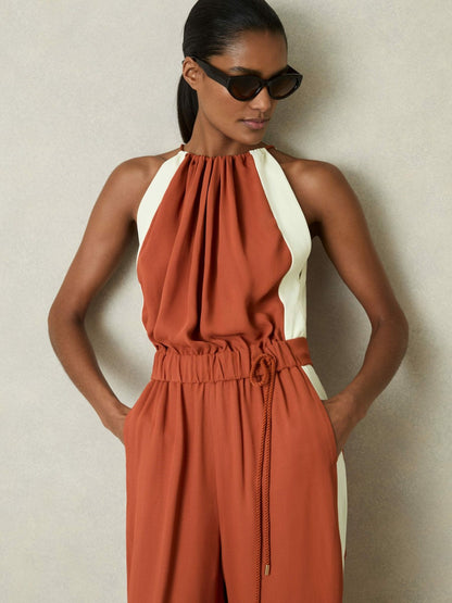 Reiss Colour-Block Rope-Cord Jumpsuit in Orange