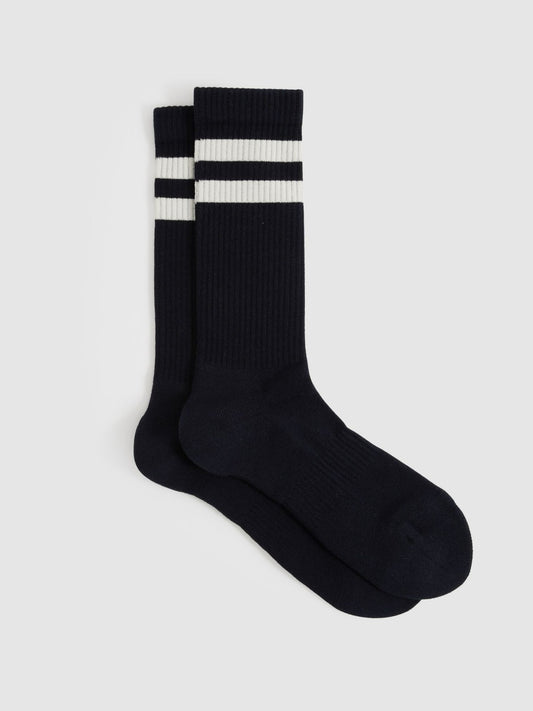 Reiss Cotton-Blend Double-Stripe Socks in Navy/Ecru