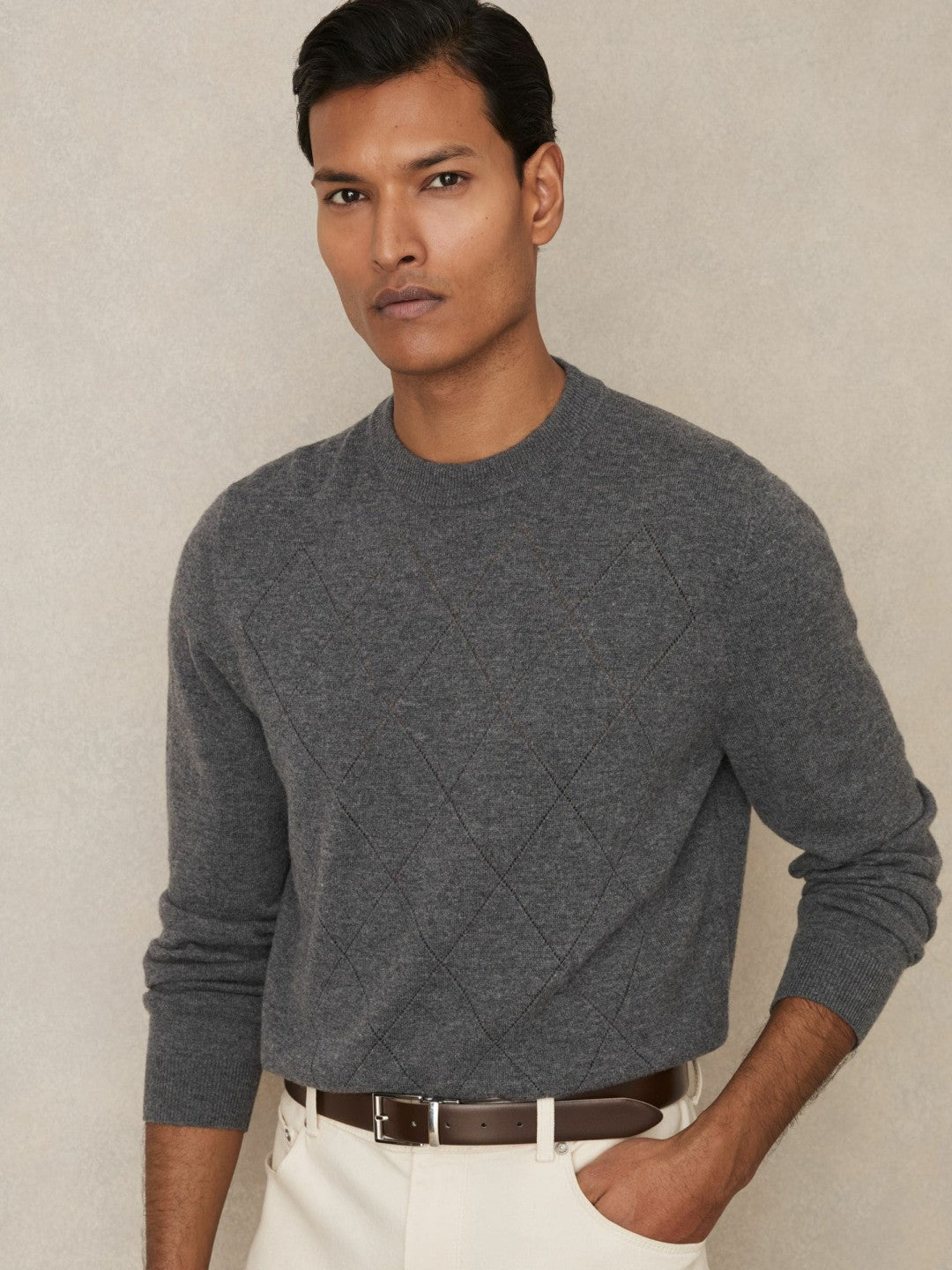 Reiss Leather Reversible Belt in Stone/Dark Brown