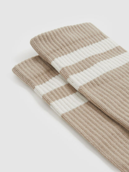 Reiss Cotton-Blend Double-Stripe Socks in Taupe/Ecru