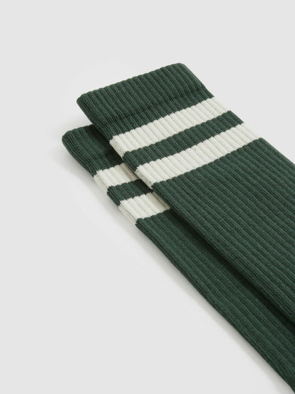 Reiss Cotton-Blend Double-Stripe Socks in Pine Green/Ecru