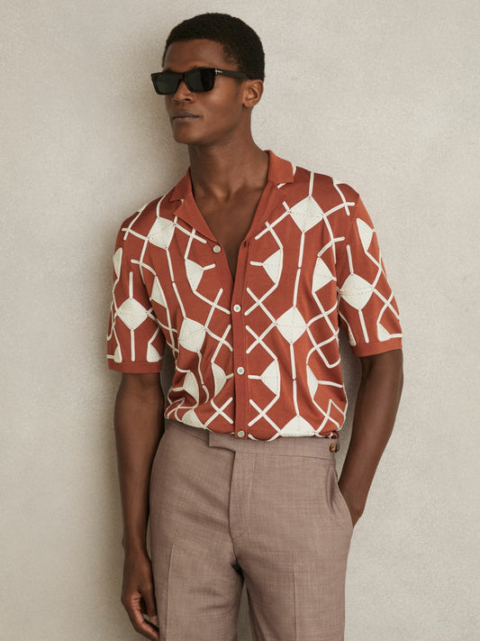 Reiss Geometric Embroidery Knit Shirt in Paprika Red