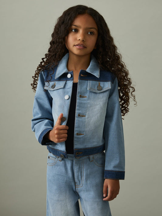 Reiss 9-13 yrs Patchwork Two-Tone Denim Jacket in Blue