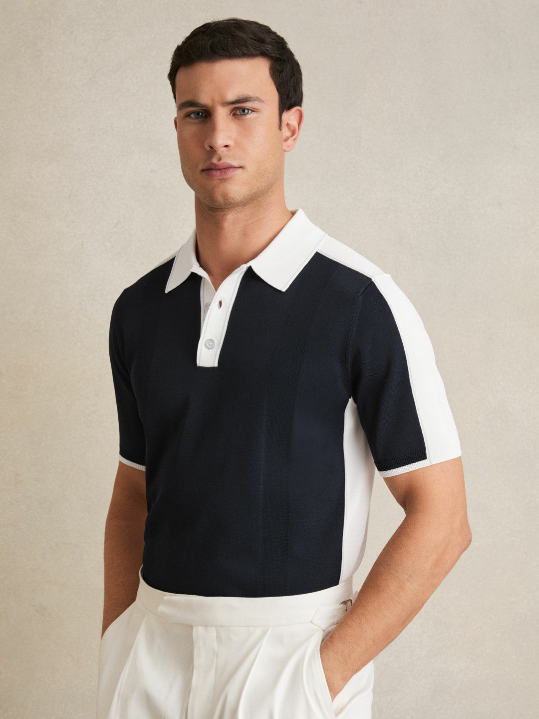 Reiss Colour-Block Knit Polo Shirt in Navy/White