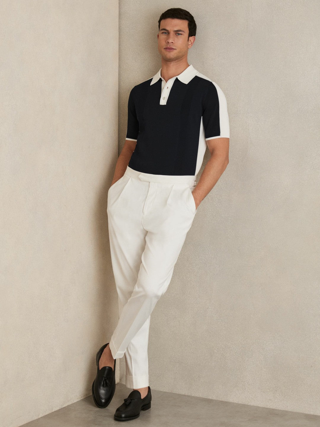 Reiss Colour-Block Knit Polo Shirt in Navy/White