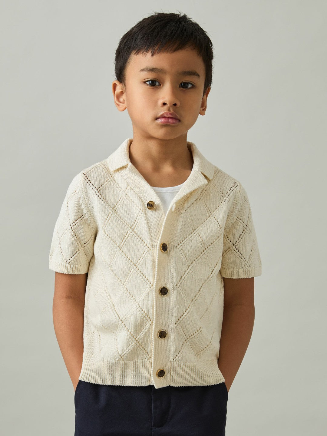 Reiss 3-9 yrs Cotton Blend Diamond Knit Shirt in Off White